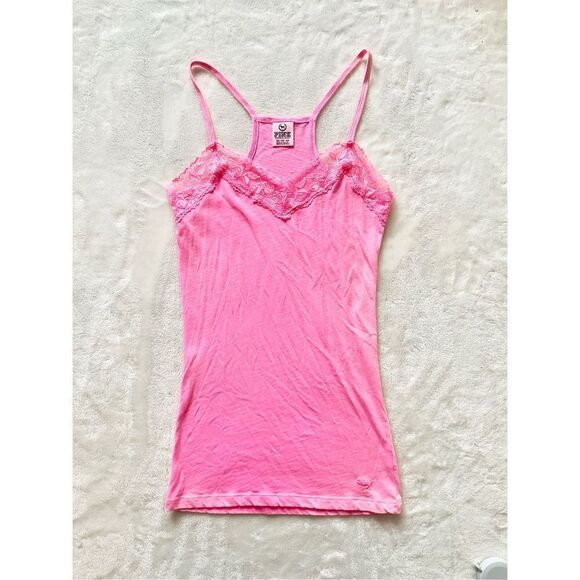 Y2K Bright hot pink spaghetti strap lace trim tank top size XS - Picture 1 of 3
